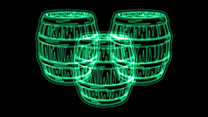 Vibrant green neon glowing outline vector illustration of three traditional wooden barrels, creating a futuristic digital abstract design on a plain black background, perfect for modern themes.