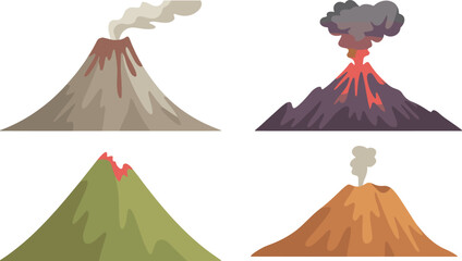 Collection of erupting volcano vector illustrations with smoke, lava, and ash clouds, colorful flat design nature and geology concept for education and science © MstNur