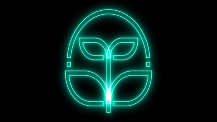 A bright green neon glowing plant sprout icon with abstract leaves within an oval geometric outline, symbolizing nature, growth, and sustainable technology on a dark black background