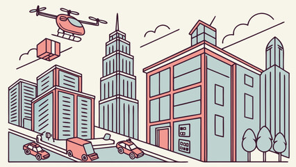 Cityscape with delivery drone, helicopter, cars, and buildings in line art style