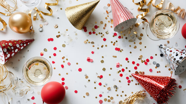 Mockup New Years party tabletop, top-down birds-eye view, perfectly straight-down angle. Color scheme: gold, black, and red. Glitter scattered across the scene. Festive decoratio