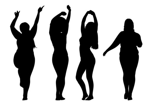 Female silhouettes representing various body types in black on white background