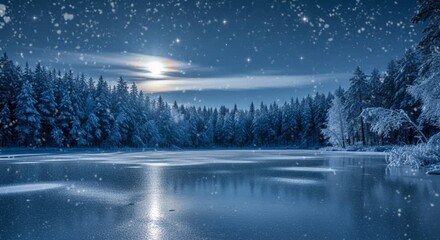 Frozen lake reflecting snowy pine forest under quiet moonlit winter night sky. Nature concept