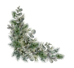 Watercolor corner Christmas element with fir branches and eucalyptus. Spruce corner garland. 