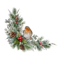 Watercolor corner Christmas element with fir branches,  bird, eucalyptus, berries and cones. Spruce corner garland. 