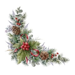 Watercolor corner Christmas element with fir branches, eucalyptus, berries and cones. Spruce corner garland. 