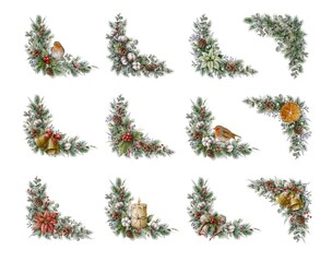 Set of watercolor corner Christmas elements with poinsettia, berries, cones, jingle bells, orange slices, cotton and birds.  Spruce corner garlands. 