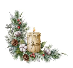 Watercolor corner Christmas element with fir branches,  candle, eucalyptus, cotton flowers, berries and cones. Spruce corner garland. 