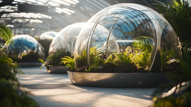 Lush ferns thrive inside modern geodesic domes in a sunlit botanical garden