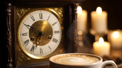 Coffee with clock and candles, and closeup view. - Powered by Adobe
