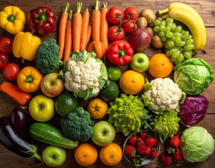 Vibrant assortment of fresh produce beautifully displayed on rustic wood, perfect for healthy eating campaigns and organic food promotions