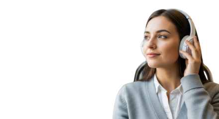 Woman scene showing woman, headphones, music in modern environment with natural lighting for modern branding and lifestyle representation