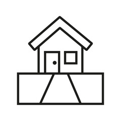 Simple black line drawing of a house icon, presented against a plain white background. Black house icon, minimalist home symbol, simple residential building silhouette design for real estate.