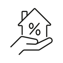 Minimalistic Progress Bar Icon Over Open Hands, Thin Line Vector Illustration for Web Design. Protective hands holding house icon in minimalist black and white line art. Property management policies.