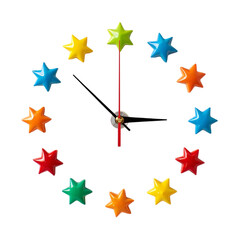 Colorful star clock isolated on transparent background, telling the time