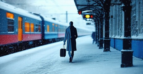 Person walks away from train, snowy platform. Winter scene evokes solitude, travel, cold weather conditions. Dim lighting creates mood.