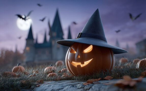 Glowing jack o lantern witch hat Halloween night spooky castle bats moon autumn leaves eerie atmosphere