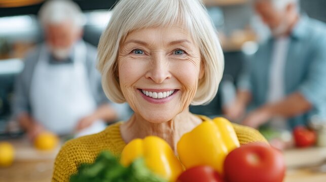 In a warm kitchen filled with natural light, a joyful senior woman beams while holding colorful fresh vegetables. Family members work nearby, creating a lively culinary atmosphere