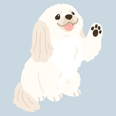 Simple and adorable illustration of white Pekingese dog sitting and lifting his paw flat colored