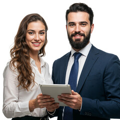 Smiling business professionals a man and woman holding a tablet computer isolated on transparent background