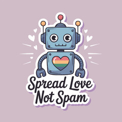 Cartoon robot sticker with lgbtq heart and spread love not spam text on a light purple background