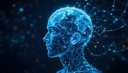 Stunning digital human head showcases global network connections, representing AI, innovation, and advanced technology concepts.
