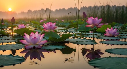 Serene Sunrise Over a Tranquil Pond Filled with Blooming Pink Lotus Flowers.