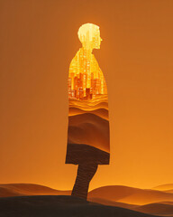 Silhouette of person standing in desert steps becoming glowing cityscape inside, blending urban life with natural sand dunes in warm orange tones