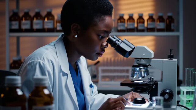 Scientist studies sample under microscope. Researcher records observations in laboratory. Medical research focuses on analysis. Woman scientist examines slide. Lab shows equipment and reagent row.