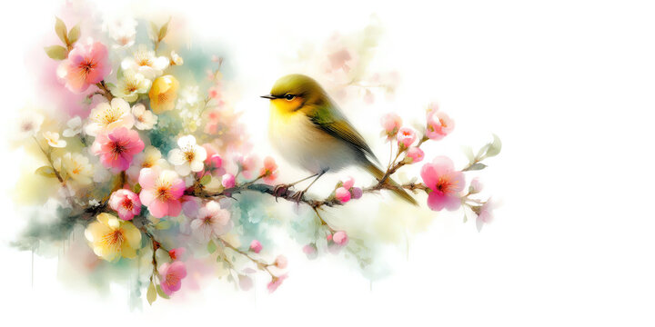 Banner, wall art of bird on flowering branch, watercolor-like brushstrokes and vibrant colors, watercolor style expresses freshness and vibrancy. Space for texts. Spring theme
