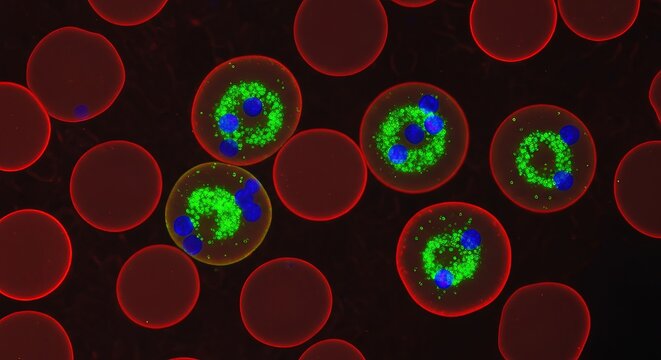 Fluorescent immunostaining of Plasmodium falciparum antigens in blood sample