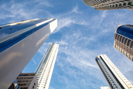 Bottom-up view of famous buildings in the city of Balneario Camboriu, Santa Catarina, Brazil.