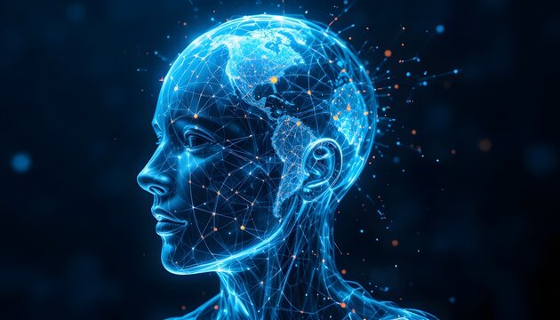 Stunning digital rendering of a luminous human head with Earth's continents overlaid, symbolizing global connectivity and artificial intelligence innovation
