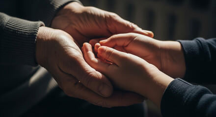 The elderly hands of a grandmother hold the young hands of her grandson, the love and respect of different generations of people.