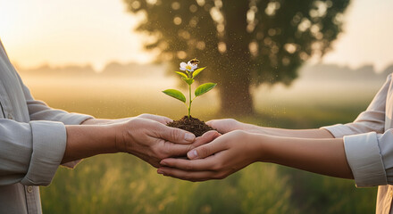 seedling sprout in caring hands, agriculture.