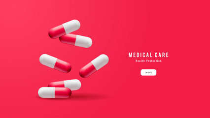 Background with realistic 3d capsules. Medical, pharmacy, healthcare, hospital, clinic, telemedicine, insurance, biotechnology concept. Vector illustration.