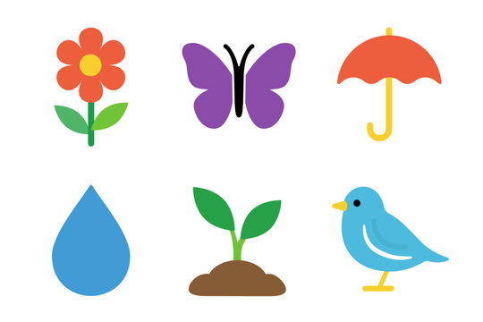 Vector icon set of bright spring symbols including flower, butterfly, umbrella, raindrop, sprout and bird. Ideal for seasonal design, greeting cards, nature blogs and environmental education.
