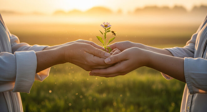 seedling sprout in caring hands, agriculture.