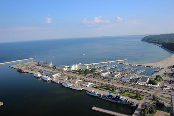 Obraz premium Harbor and beach on Baltic Sea coast in Gdynia Poland on sunny summer day