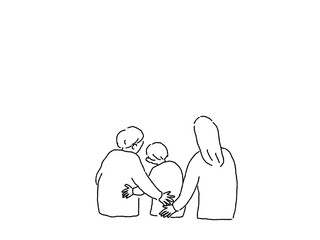 寄り添うおばあさん、男の子、女性、親子の後ろ姿、線画