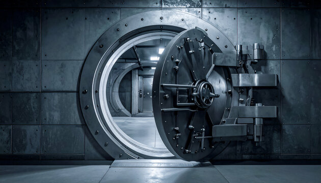 A massive open vault door in an underground bank corridor, symbolizing access, secrets, and hidden potential. Conceptual image representing security, trust, and the unseen value behind barriers