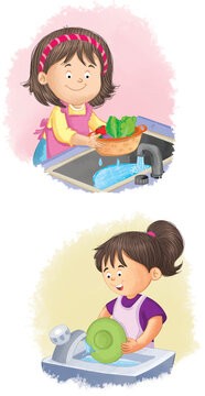 Girls Washing Food and Dishes