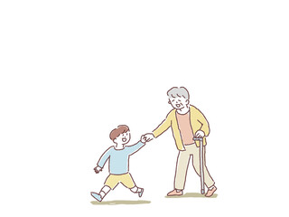 杖をついたおばあちゃんの手を引いて歩く男の子