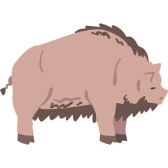 Simple illustration of a pink wild boar facing right with dark brown mane and tail on a transparent background in a minimalist style