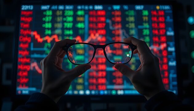Investor gaining clarity on volatile stock market trends, focusing on red and green financial data streams for smart decision-making.