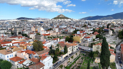 Aerial drone photo of iconic Roman Market featuring tower of Winds and Gate of Athena in the heart...
