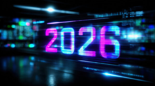 Neon Glitched Number 2026 with Pink Cyan Scanlines on Digital Interface Screen