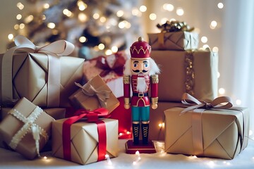Festive Christmas Presents and a Nutcracker Create a Warm and Inviting Holiday Scene with Sparkling Lights.