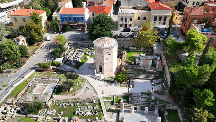 Aerial drone photo of iconic Roman Market featuring tower of Winds and Gate of Athena in the heart...