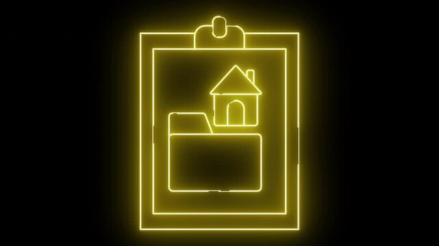 Neon yellow icon clipboard folder and house outline all glowing against a black background